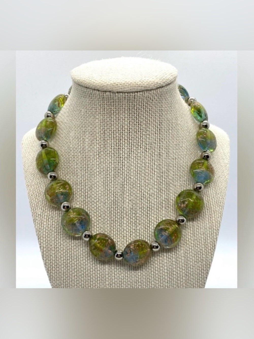 Green Gold Silver Beaded Chunky Necklace Vintage Boho Eclectic Retro Party
